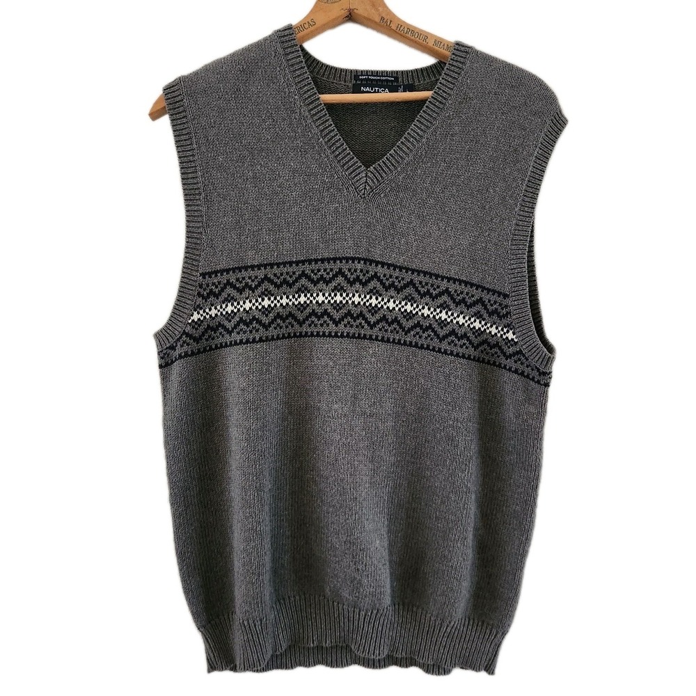 Nautica Men's L Knit Soft Touch Cotton Sleeveless Geometric‎ Gray Sweater Vest